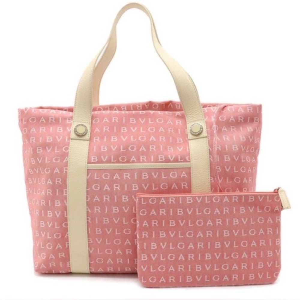 Bulgari Agatha Jacquard Fabric/Leather Shopping Tote Medium Salmon/Cream & Pouch